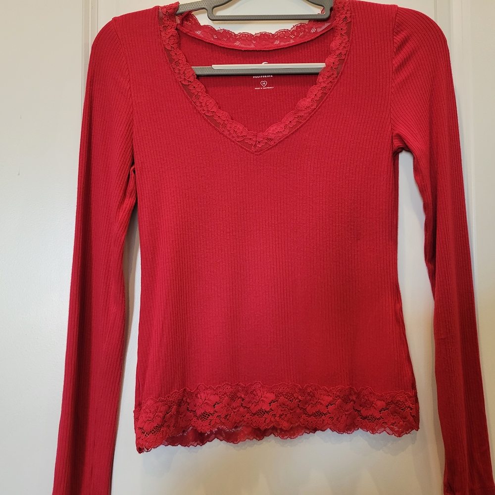 Hollister Red Fitted Embellished Long Sleeve Blouse